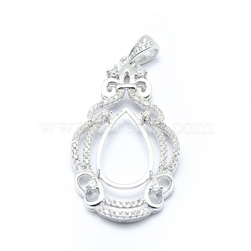 925 Sterling Silver Pendant Bails, with Cubic Zirconia, For Glue-on Flat Pad Bails, teardrop, Carved with 925, Platinum, 38.5x21x4mm, Hole: 5x3mm; Tray: 16.5x8mm, Pin: 0.8mm(STER-P044-02P)