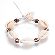 Nylon Cord Braided Bead Bracelets, with Wood Beads and Shell Beads, Seashell Color, 9-1/8 inch(23.3cm)(BJEW-JB04102)
