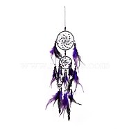 Iron Woven Web/Net with Feather Pendant Decorations, with Wood Beads, Covered Wax Cord, Flat Round, Purple, 650mm(AJEW-B016-01)