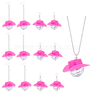 6 Pairs Plastic Cap with Glass Disco Ball Dangle Earrings & 1Pc Pendant Necklace, Platinum Alloy Jewelry for Women, Deep Pink, Earrings: 61~106mm, Pin: 0.8mm, Necklace: 24.02 inch(61cm)(SJEW-AN0001-10)