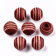 Painted Natural Wood Beads, Laser Engraved Pattern, Round with Zebra-Stripe, FireBrick, 10x8.5mm, Hole: 2.5mm(WOOD-T021-54A-08)