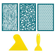 3Pcs 3 Styles Floral Polyester Silk Screen Printing Stencil, Reusable Polymer Clay Silkscreen Tool, for DIY Polymer Clay Earrings Making, with 2 Style Plastic Scraper, Teal, 160x100mm, 1pc/style(PW-WG26556-01)