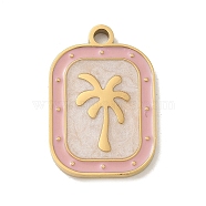 304 Stainless Steel Enamel Pendants, Golden, Rectangle with Coconut Tree Charm, Pink, 19.5x13x1.5mm, Hole: 1.8mm(STAS-I322-83G-A)