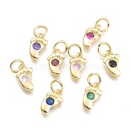 Brass Micro Pave Cubic Zirconia Pendants, with Jump Ring, Baby Foot, Real 18K Gold Plated, Mixed Color, 10.5x6x2.2mm, Ring: 5x0.8mm, Hole: 3mm(KK-P187-08-G)