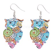 Spray Painted Stainless Steel Owl Dangle Earrings, Etched Metal Embellishments, with Iron Earring Hooks, Stainless Steel Color, Colorful, 57mm, Pin: 0.7mm(EJEW-I256-12P)