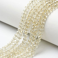 Electroplate Transparent Glass Beads Strands, Half Rainbow Plated, Faceted, Rondelle, Light Yellow, 4x3mm, Hole: 0.4mm, about 123~127pcs/strand, 16.5~16.9 inch(42~43cm)(EGLA-A034-T4mm-H03)