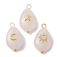 3Pcs 3 Styles Natural Rose Quartz Pendant, Teardrop Charms with Golden Plated Metal Moon & Sun & Star, 23~23.5x13x6.5~7mm, Hole: 2.4~2.8mm, 1pc/style(PALLOY-JF02576-02)