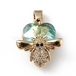 Real 18K Gold Plated Rack Plating Brass Micro Pave Clear Cubic Zirconia Pendants, with Glass, Long-Lasting Plated, Cadmium Free & Lead Free, Bee with Heart Charm, Dark Turquoise, 19x16x10mm, Hole: 3.5x5mm(KK-C015-32G-15)