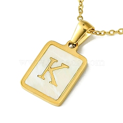 Ion Plating(IP) Rectangle with Initial Letter 304 Stainless Steel Pendant Necklace, white Shell, Real 18K Gold Plated, Letter K, 16.06 inch(40.8cm)(NJEW-R265-04G-K)
