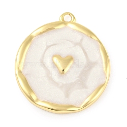 Brass Enamel Pendants, Flat Round with Heart Charm, Real 18K Gold Plated, 17.5x16x2mm, Hole: 1.2mm(KK-L219-22G)