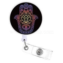 Flat Round ABS Plastic Badge Reel, Retractable Badge Holder, with Alligator Clip, Hamsa Hand Pattern, 82x33mm(JEWB-WH0036-011)