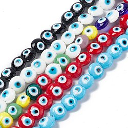 Handmade Evil Eye Lampwork Beads Strands, Flat Round, Mixed Color, 14~15.5x8mm, Hole: 1~1.4mm, about 14pcs/strand, 12.60 inch(32cm)(LAMP-G157-01)