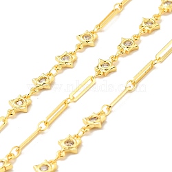 Rack Plating Brass Star & Oval Link Chains, with Clear Cubic Zirconia, Long-Lasting Plated, Soldered, with Spool, Cadmium Free & Lead Free, Golden, 8.5x5.5x1.5mm, 10x2x0.5mm(CHC-C025-10G)