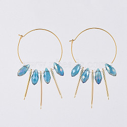 316L Surgical Stainless Steel Hoop Earring, with teardrop, Glass Beads, Round Glass Seed Beads and Brass Bar Links, Golden, Blue, 64mm, Pin: 0.7mm(EJEW-JE03678-04)