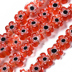 Handmade Millefiori Glass Bead Strands, Flower, Orange Red, 5.5~8x2.5mm, Hole: 1mm, about 64~67pcs/strand, 15.75 inch~16.34 inch(40~41.5cm)(LAMP-J035-6mm-28)