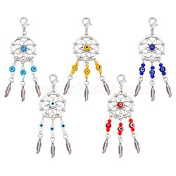 12Pcs Woven Net/Web with Feather Tibetan Style Alloy Pendant Decorations, with Handmade Evil Eye Lampwork Bead & Alloy Lobster Claw Clasps, Clip-on Charms, Mixed Color, 90mm(HJEW-NB0001-72)