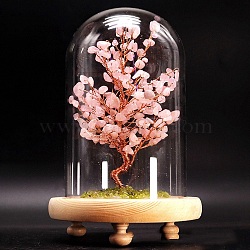 Natural Rose Quartz Display Decoration, with Brass Wire, for Home Desk Decorations, Tree of Life Cloche Bell Jar, 80x130mm(TREE-PW0001-22C)
