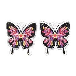 Transparent Acrylic Pendants, with Glitter Powder, Butterfly, Hot Pink, 37.5x33.5x1.5mm, Hole: 2.8mm(MACR-D079-01H)