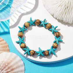 Beach Starfish Dyed Synthetic Turquoise Stretch Bracelets, Summer Wood Beaded Kid Bracelets for Girls, Turquoise, Inner Diameter: 1-3/4 inch(4.32~4.55cm), Bead: 7x8~8.5mm, Starfish: 14x14mm(BJEW-JB10293-02)