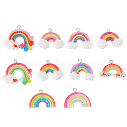 40Pcs 10 Styles Opaque Resin Pendants, Rainbow Charm, with Glitter Powder and Platinum Tone Iron Loops, Mixed Color, 19~27.5x22.5~31.5x3.7~5.5mm, Hole: 2mm, 4pcs/style(FIND-HY0001-06)