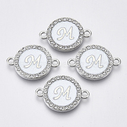 Alloy Enamel Links Connectors, with Crystal Rhinestones, Flat Round with Letter, Silver Color Plated, Letter.M, 22x16x2mm, Hole: 1.8mm(ENAM-TAC0003-01S-04M)