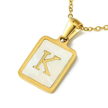 Ion Plating(IP) Rectangle with Initial Letter 304 Stainless Steel Pendant Necklace, white Shell, Real 18K Gold Plated, Letter K, 16.06 inch(40.8cm)