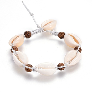 Nylon Cord Braided Bead Bracelets, with Wood Beads and Shell Beads, Seashell Color, 9-1/8 inch(23.3cm)