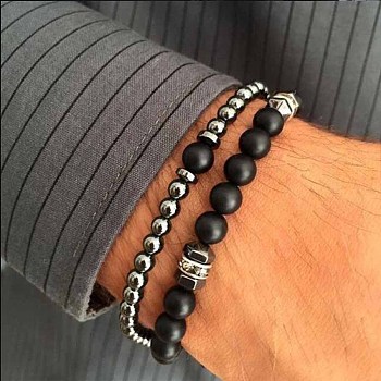 Fashion Retro Black Matte Bracelet Set with Zircon Crown, Diamond Ball, Dice, Lion Head Bracelet