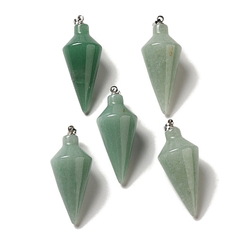Natural Green Aventurine Pendants, Cone Charms with Rack Plating Platinum Plated Brass Snap on Bails, 36~36.5x15~15.5mm, Hole: 5~6.5x2mm