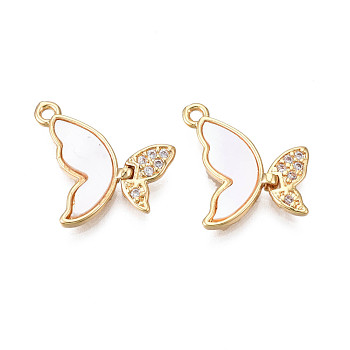 Brass Micro Pave Cubic Zirconia Charms, with Natural Shell, Real 18K Gold Plated, Butterfly, Creamy White, 15x13x1.5mm, Hole: 1.2mm
