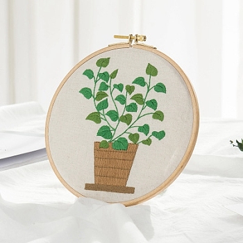 Plant Pattern DIY Embroidery Beginner Kit, including Embroidery Needles & Thread, Cotton Linen Fabric, Lime Green, 27x27cm