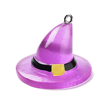 Halloween Theme Baking Painted Resin Pendants, with Enamel & Platinum Tone Stainless Steel Loops, Witch Hat, 22x29.5x29.5mm, Hole: 2mm