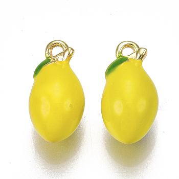 Brass Charms, with Enamel, Lemon, Nickel Free, Real 18K Gold Plated, Gold, 13x7mm, Hole: 1.2mm