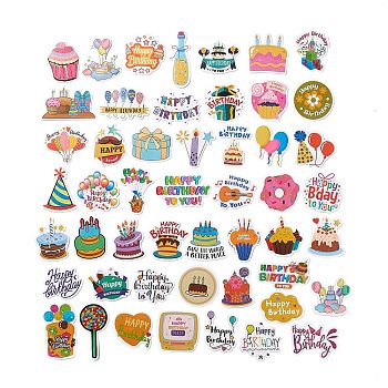 50Pcs 50 Styles Birthday Theme Cartoon Paper Sticker Label Set, Adhesive Label Stickers, for Suitcase & Skateboard & Refigerator Decor, Mixed Color, 42~73x30.5~74x0.2mm, 50pcs/bag