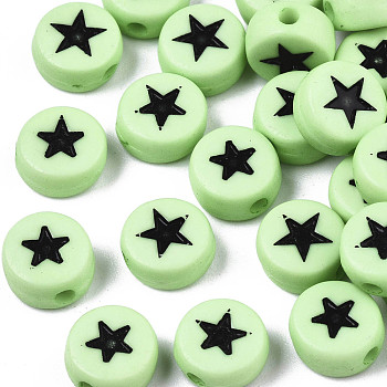 Opaque Acrylic Beads, with Enamel, Flat Round with Star, Aquamarine, 7x4mm, Hole: 1.5mm, about 3416pcs/500g