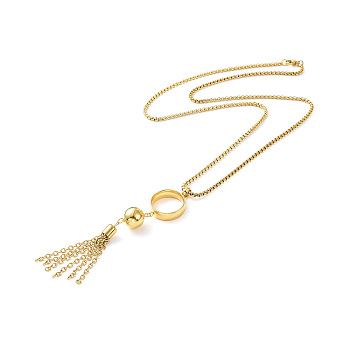 Ion Plating(IP) 304 Stainless Steel Ring with Tassel Pendant Necklace with Box Chains for Women, Golden, 24.06 inch(61.1cm)