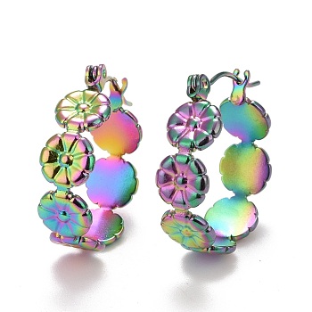 Ion Plating(IP) Rainbow Color Flower 304 Stainless Steel Hoop Earrings for Women, 21.5x19.8x7mm, Pin: 0.6mm