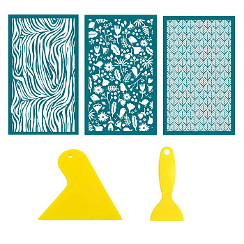3Pcs 3 Styles Floral Polyester Silk Screen Printing Stencil, Reusable Polymer Clay Silkscreen Tool, for DIY Polymer Clay Earrings Making, with 2 Style Plastic Scraper, Teal, 160x100mm, 1pc/style
