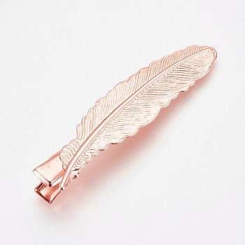 Rack Plating Hair Accessories Iron Alligator Hair Clip Findings, with Brass Findings, Feather, Rose Gold, 54x12x9.5mm