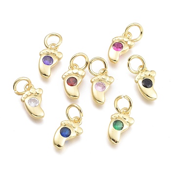 Brass Micro Pave Cubic Zirconia Pendants, with Jump Ring, Baby Foot, Real 18K Gold Plated, Mixed Color, 10.5x6x2.2mm, Ring: 5x0.8mm, Hole: 3mm