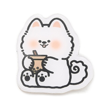 Dog with Boba Milk Tea Acrylic Brooches, with 201 Stainless Steel Pins, White, 31x29x6.5mm