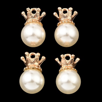 (Defective Closeout Sale: Some Glue Overflow) Resin Imitation Pearl Pendants, Round Charms, with Golden Plated Alloy Pendant Bails, White, 15.5x12x11mm, Hole: 1.4mm