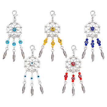 12Pcs Woven Net/Web with Feather Tibetan Style Alloy Pendant Decorations, with Handmade Evil Eye Lampwork Bead & Alloy Lobster Claw Clasps, Clip-on Charms, Mixed Color, 90mm