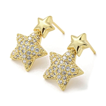 Star Rack Plating Brass Micro Pave Cubic Zirconia Dangle Stud Earrings, Long-Lasting Plated, Lead Free & Cadmium Free, Real 18K Gold Plated, 20.5x14.5mm