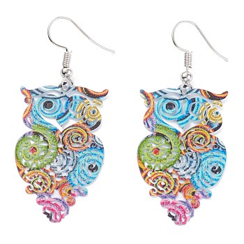Spray Painted Stainless Steel Owl Dangle Earrings, Etched Metal Embellishments, with Iron Earring Hooks, Stainless Steel Color, Colorful, 57mm, Pin: 0.7mm