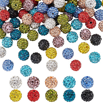 100Pcs 10 Colors Polymer Clay Pave Rhinestone Beads, Disco Ball Beads, Mixed Color, PP13(1.9~2mm), 6 Rows Rhinestone, 10mm, Hole: 1.5mm, 10Pcs/color