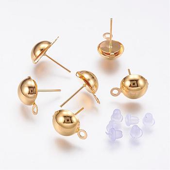 Iron Stud Earring Findings, with Loop and Plastic Ear Nuts/Earring Backs, Golden, 6mm, Hole: 1mm, Pin: 1mm