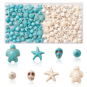 130Pcs 8 Styles Dyed Synthetic Turquoise Beads, Skull & Starfish & Round & Sea Turtle, Mixed Shapes, Mixed Color, 8~18x8~15x5~8mm, Hole: 1mm