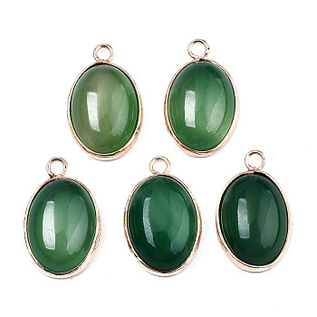 Natural Green Oynx Agate Pendants, with Golden Brass Edge, Dyed, Oval, 23x14x7mm, Hole: 2mm