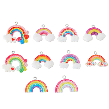 40Pcs 10 Styles Opaque Resin Pendants, Rainbow Charm, with Glitter Powder and Platinum Tone Iron Loops, Mixed Color, 19~27.5x22.5~31.5x3.7~5.5mm, Hole: 2mm, 4pcs/style